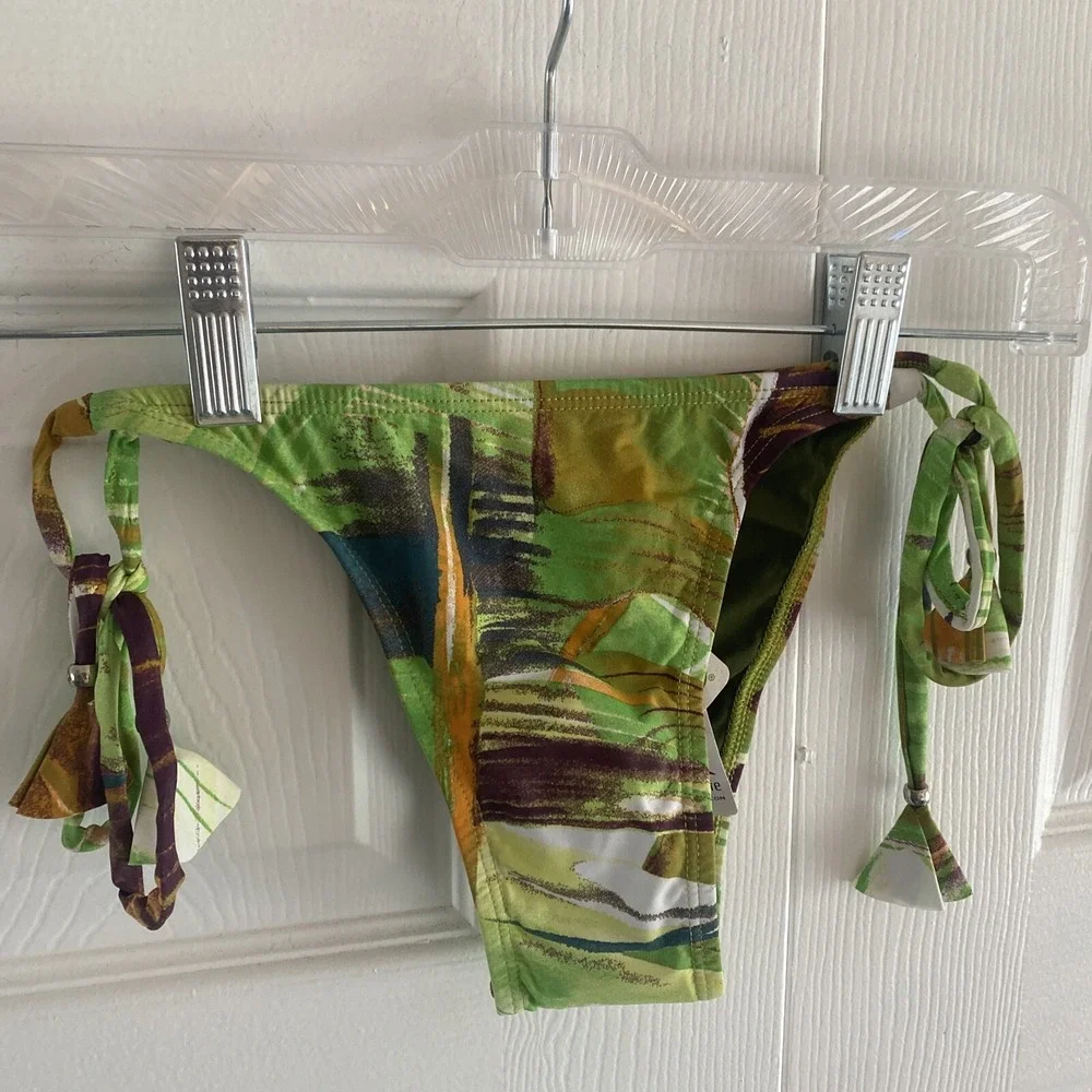 Liquido Abstract Print Tie Side Bikini Bottom Womens Size XL Green Lycra NWT‎